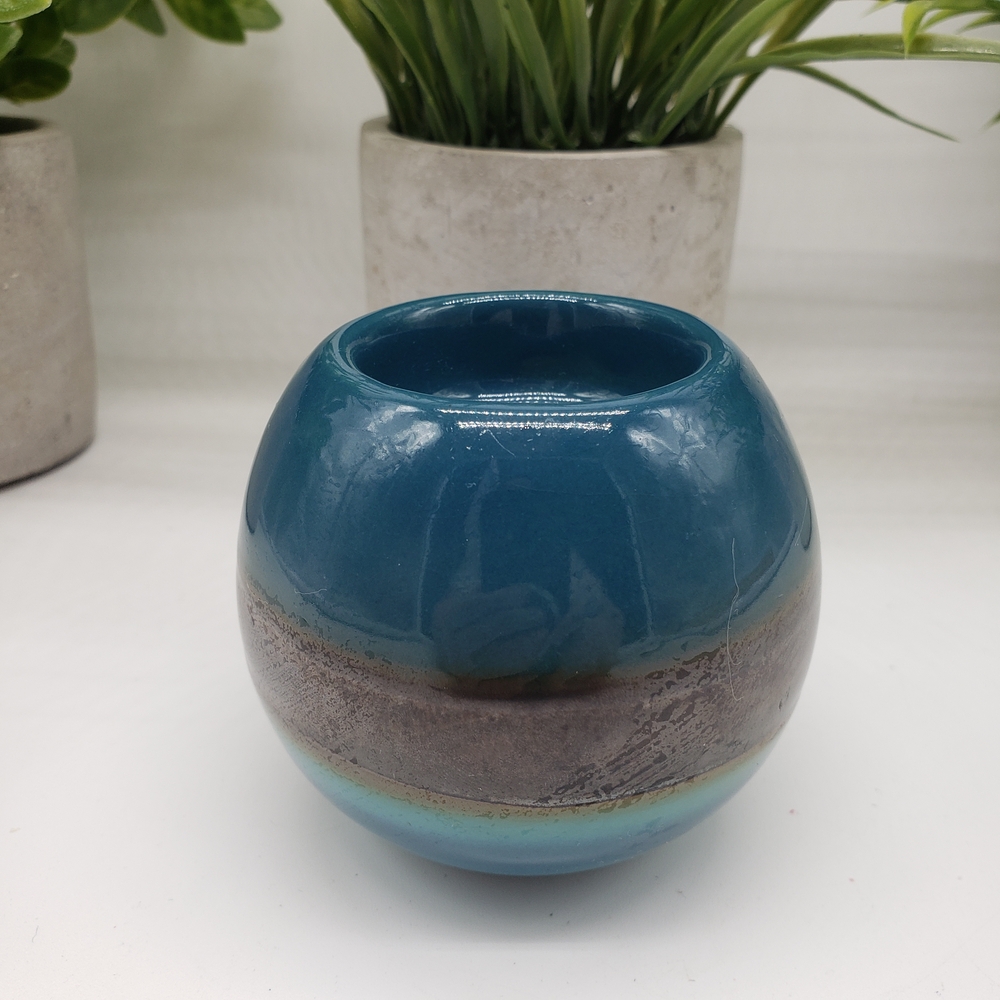 Blue Brown Gray Ceramic Orb Design Tealight Candle Holder